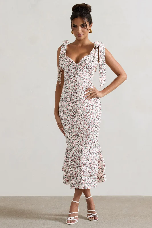 Caserta | White & Red Floral Buttoned Midi Dress With Flared Hem