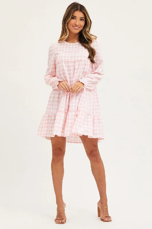 Check Mini Dress Long Sleeve Round Neck