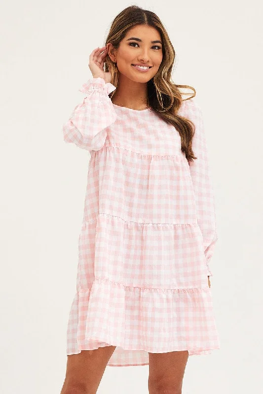 Check Mini Dress Long Sleeve Round Neck