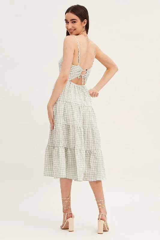 Check Sleeveless Backless Tiered Midi Dress