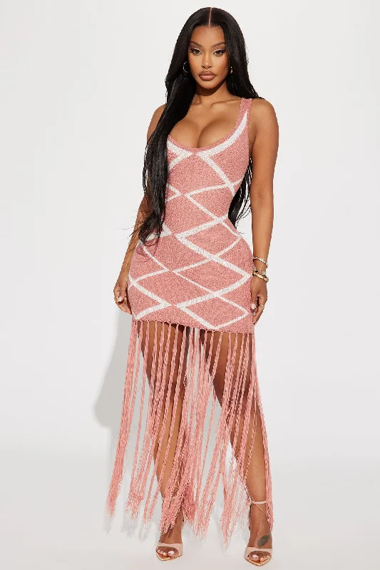 Clarissa Fringe Maxi Dress - Mauve/combo