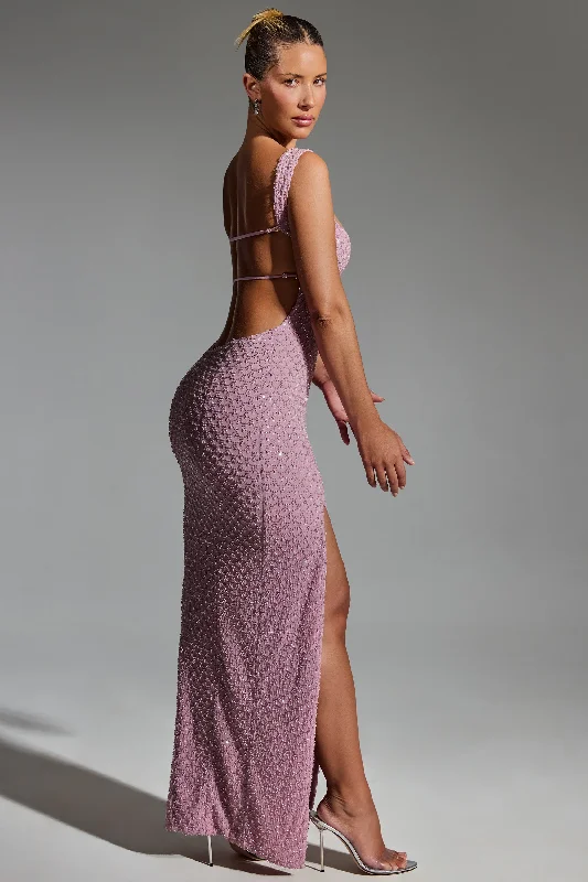 Embellished Open-Back Maxi Dress in Mauve