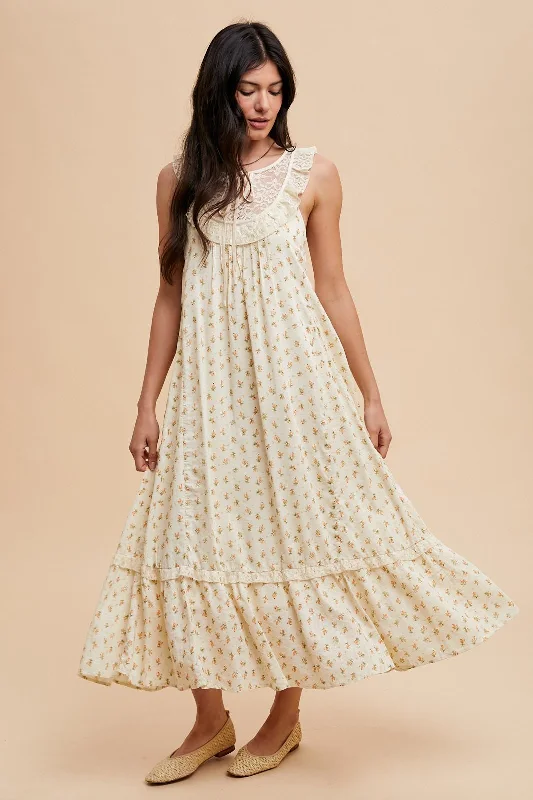 Cream Floral Lace Top Ruffle Hem Midi Dress