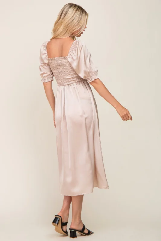 Cream Satin Puff Sleeve Midi Dress