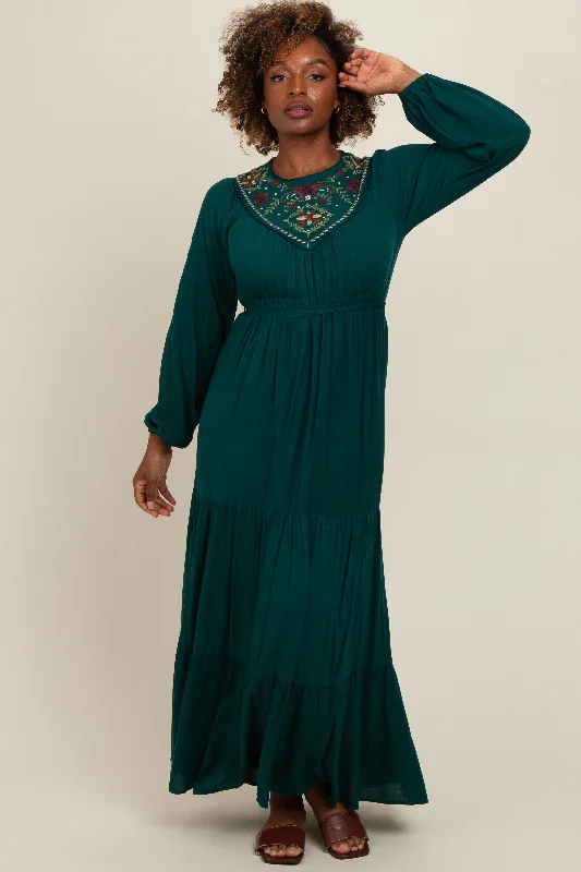 Dark Teal Embroidered Tiered Maxi Dress