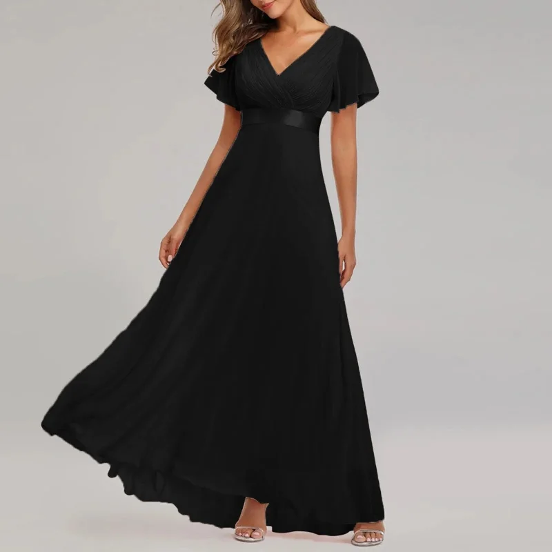 Elegant V-Neck Ruffles Bridesmaid Maxi Dress