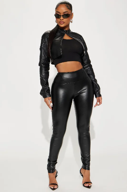 Faux Leather Tummy Tuck Leggings - Black