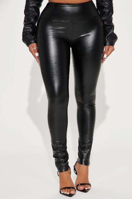 Faux Leather Tummy Tuck Leggings - Black