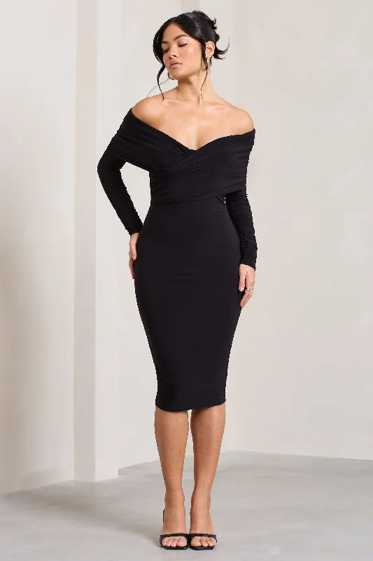 Flatter Me | Black Twist Front Bardot Midi Dress