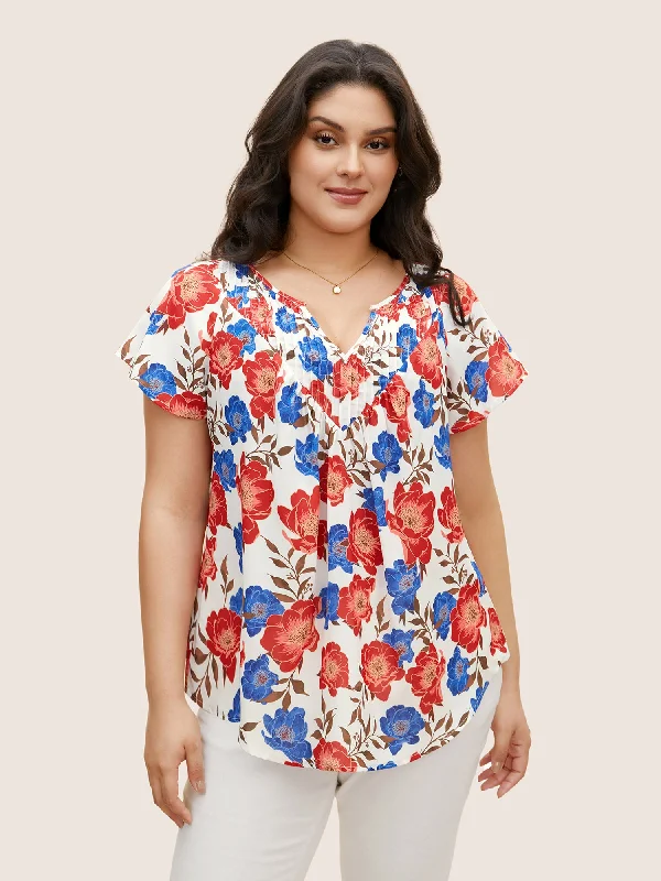 Floral Notched Collar Pleated Raglan Sleeve Blouse