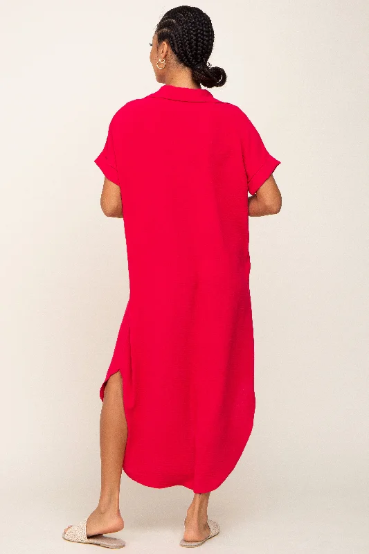 Fuchsia Button Down Hi Low Maxi Dress