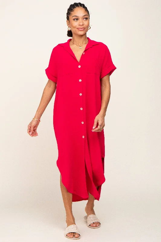 Fuchsia Button Down Hi Low Maxi Dress