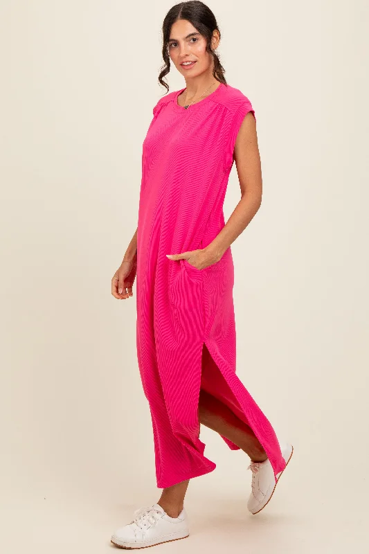 Fuchsia Short Dolman Sleeve Side Slit Maxi Dress