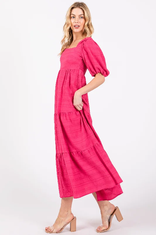 Fuchsia Textured Tiered Midi Dress