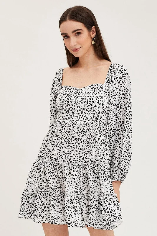 Geo Print Fit And Flare Dress Long Sleeve Square Neck