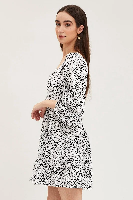 Geo Print Fit And Flare Dress Long Sleeve Square Neck