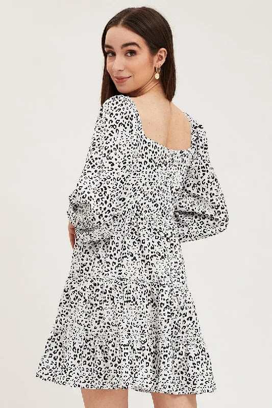 Geo Print Fit And Flare Dress Long Sleeve Square Neck