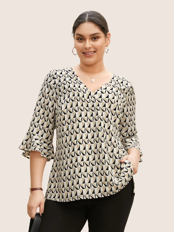 Geometric V Neck Flutter Sleeve Blouse