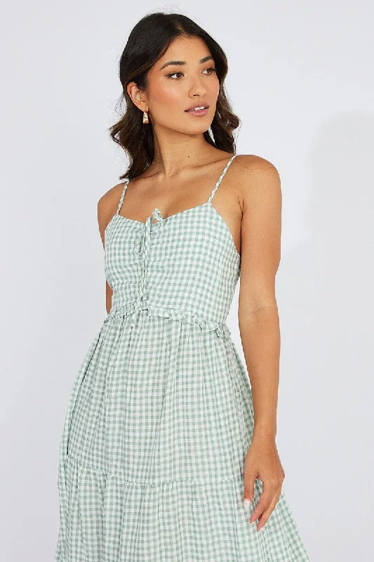 Green Check Maxi Dress Sleeveless Shirred Bust