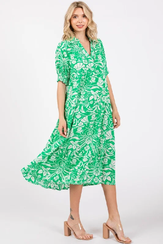 Green Floral V-Neck Tiered Midi Dress