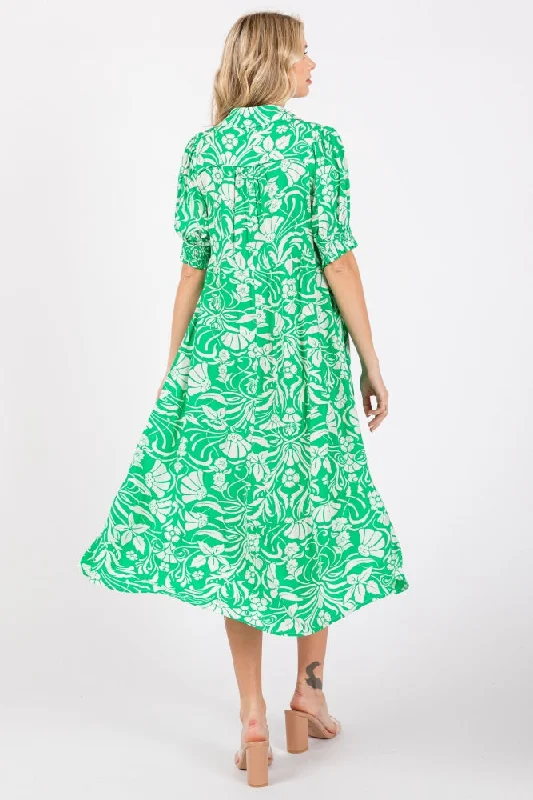 Green Floral V-Neck Tiered Midi Dress