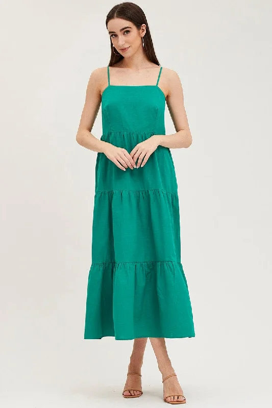 Green Maxi Dress Sleeveless Square Neck