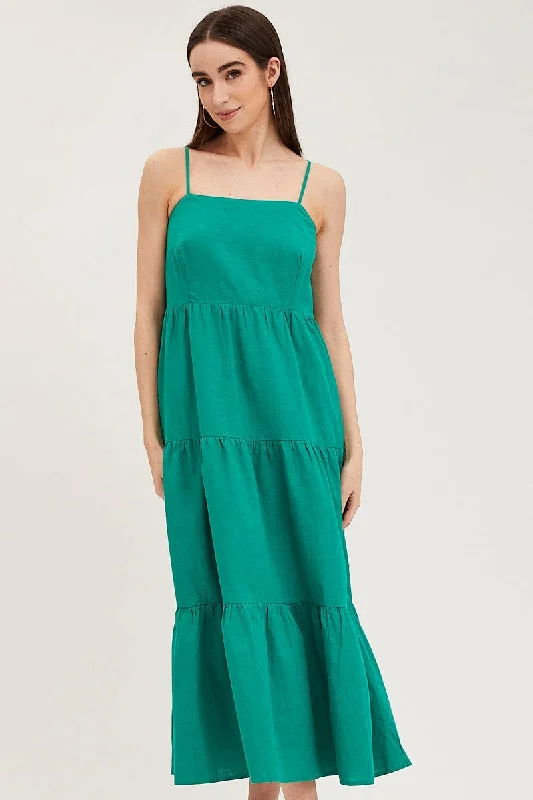 Green Maxi Dress Sleeveless Square Neck