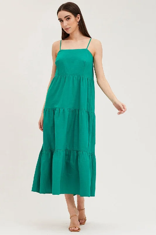 Green Maxi Dress Sleeveless Square Neck