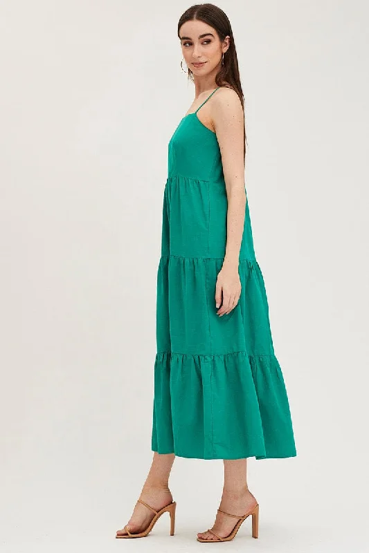 Green Maxi Dress Sleeveless Square Neck