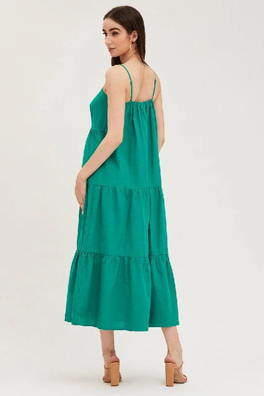 Green Maxi Dress Sleeveless Square Neck