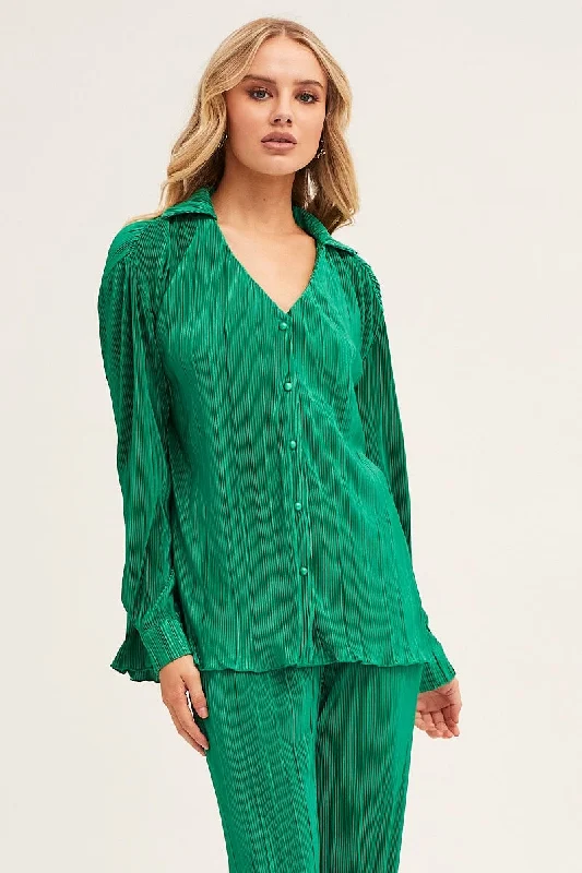 Green Plisse Shirt Long Sleeve Button Front