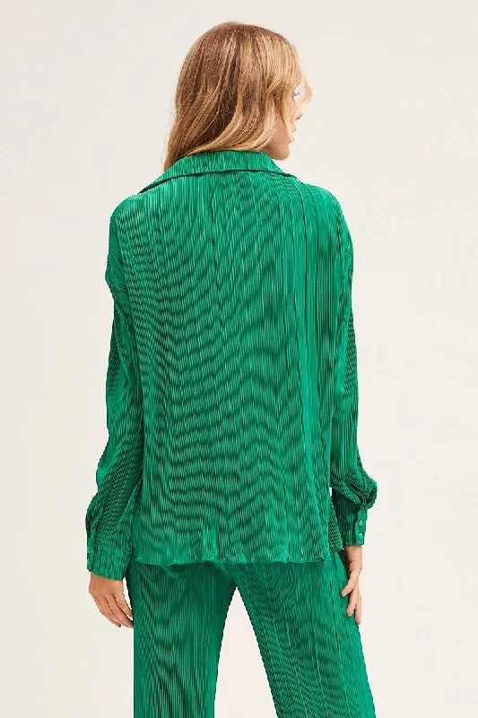 Green Plisse Shirt Long Sleeve Button Front