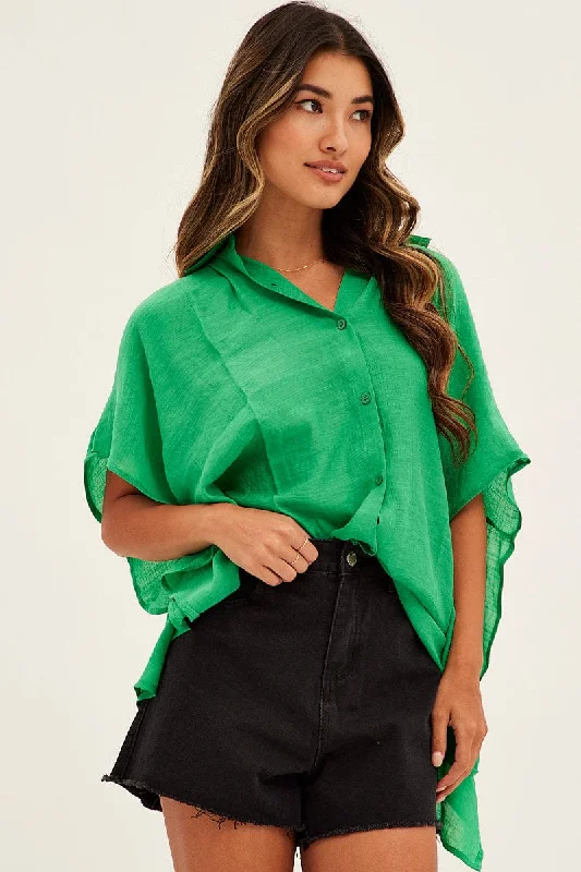 Green Short Sleeve Shirt Collared Longline