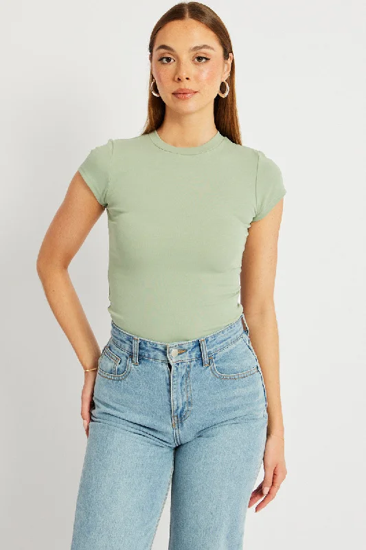 Green T Shirt Short Sleeve Crew Neck Cotton Rib