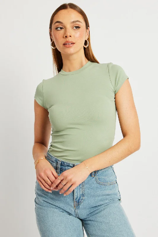 Green T Shirt Short Sleeve Crew Neck Cotton Rib