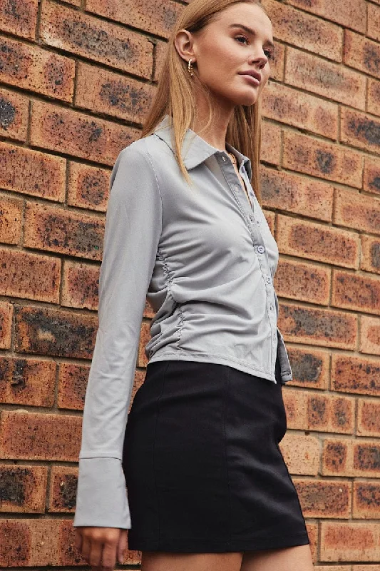 Grey Long Sleeve Shirt Collared Side Ruched