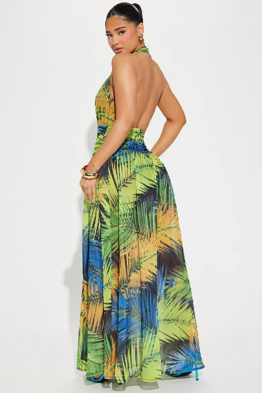 Isabella Tropical Chiffon Maxi Dress - Green/combo