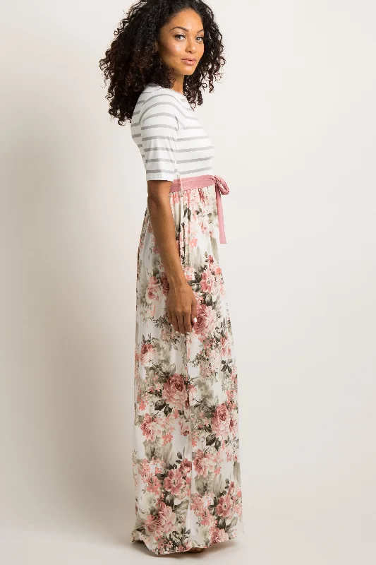 Ivory Striped Colorblock Floral Maxi Dress