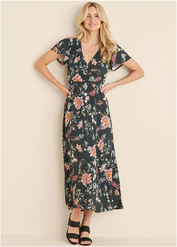 Printed maxi dress - Black & Coral