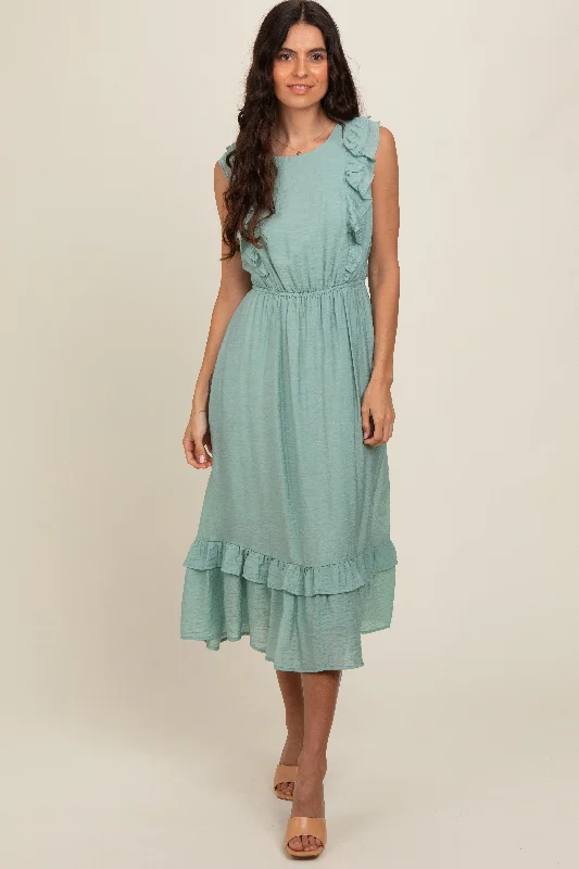 Jade Texture Ruffle Accent Midi Dress