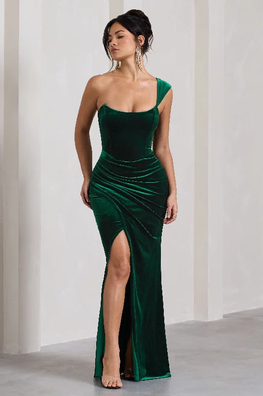 Jessica | Bottle Green Velvet One Shoulder Corset Style Wrap Maxi Dress