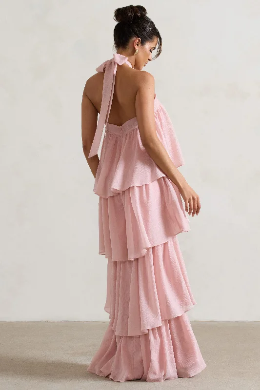 Kassiah | Light Pink Halter-Neck Ruffle Maxi Dress