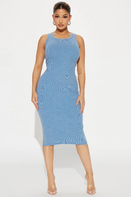 Kate Ribbed Midi Dress - Slate Blue