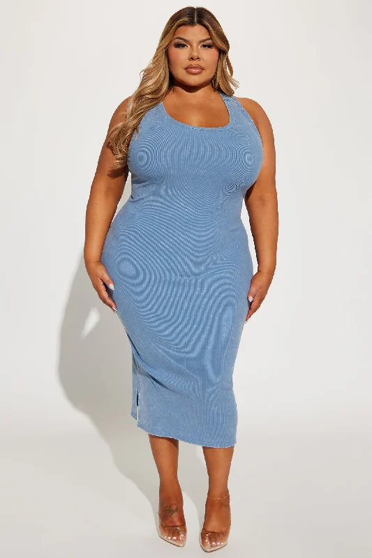 Kate Ribbed Midi Dress - Slate Blue