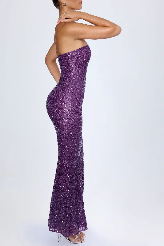 Embellished Cut-Out Bandeau Maxi Dress in Grape