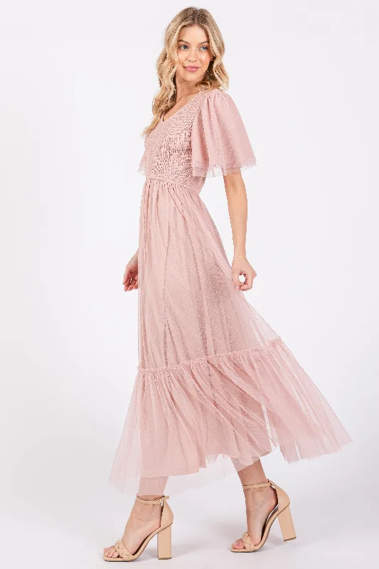 Light Pink Mesh Smocked Midi Dress