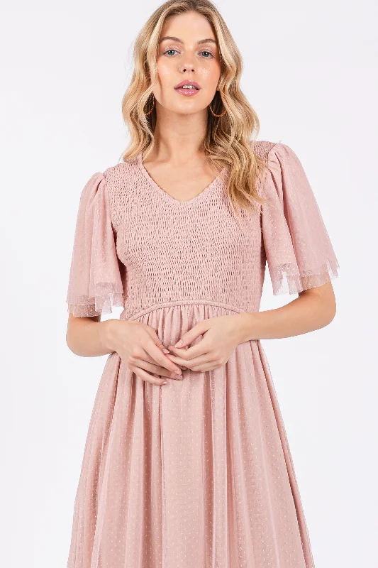 Light Pink Mesh Smocked Midi Dress