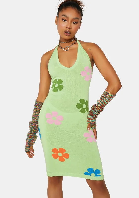 Lime Floral Intarsia Halter Dress