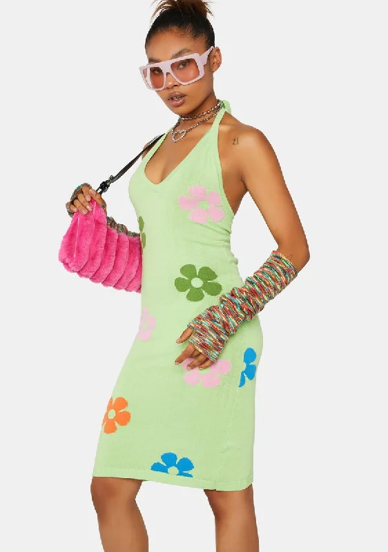 Lime Floral Intarsia Halter Dress