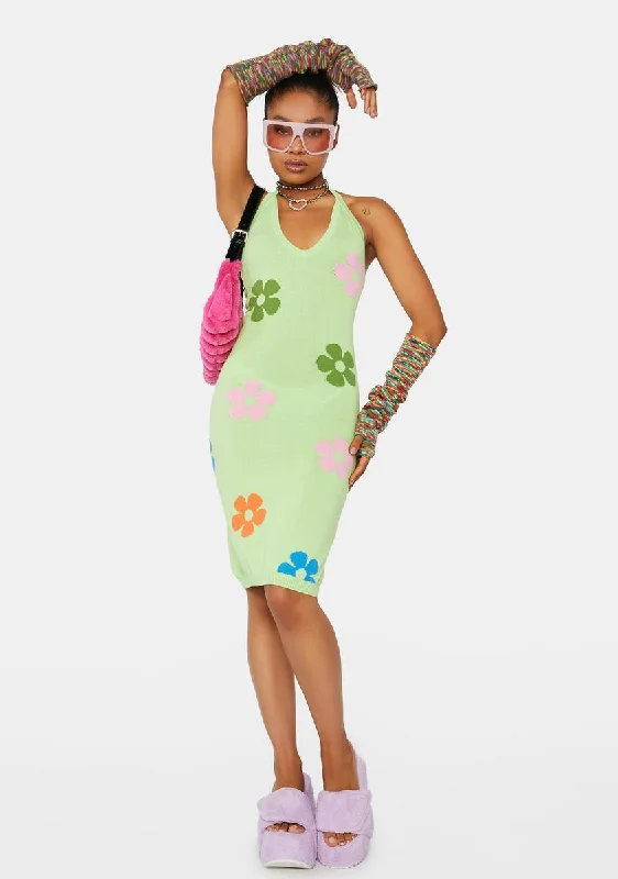 Lime Floral Intarsia Halter Dress